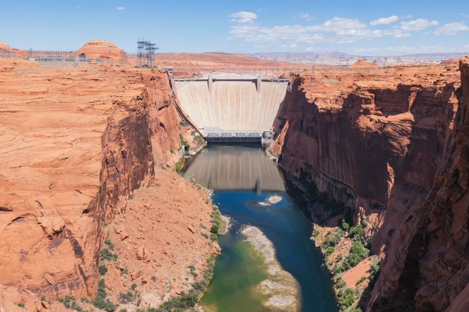 Glen Canyon Dam and Colorado River seen from downstream near Page